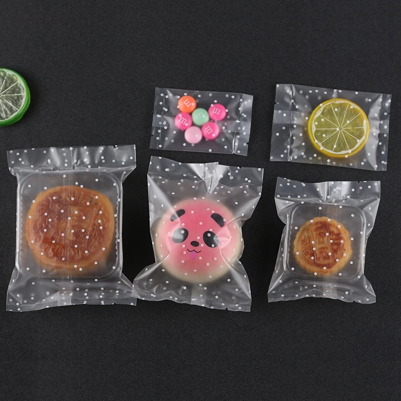300pcs- 7*10/9*11.5/10*13.5/11*15cm  White Dots Frosted Heat Seal Plastic Pouch Open Top Transparence Cake Biscuit Packaging bag