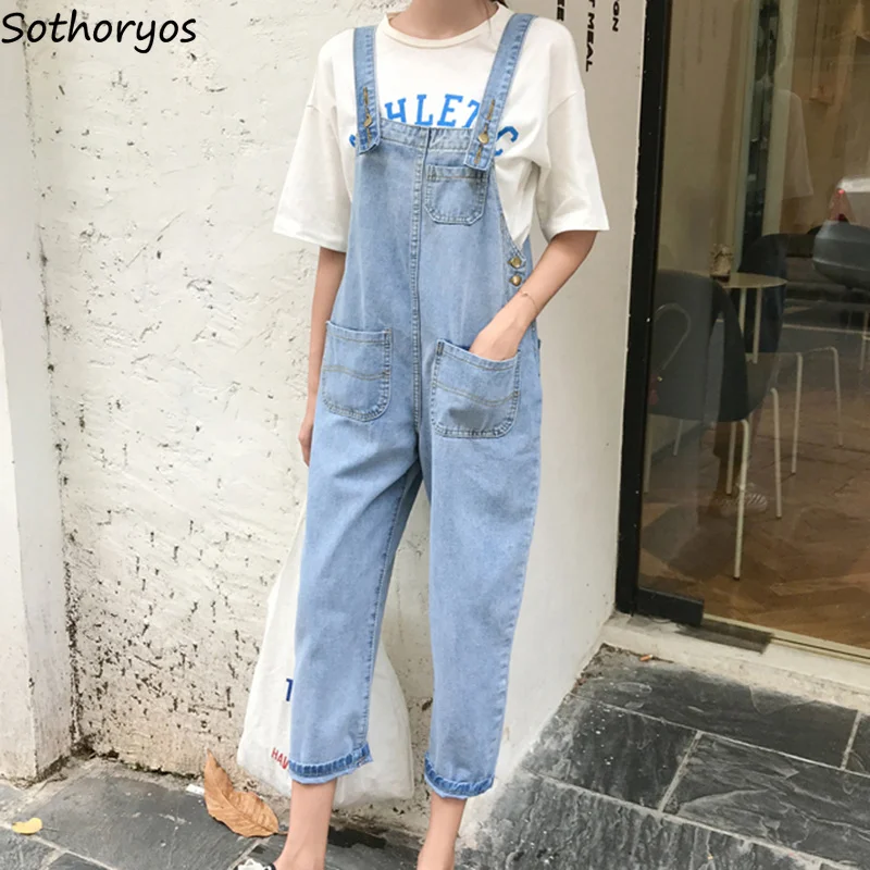 

Jumpsuits Women Denim Strap Loose High Waist Newest Korean Style Chic BF Womens Jumpsuit Buttons Casual Solid Students Trousers
