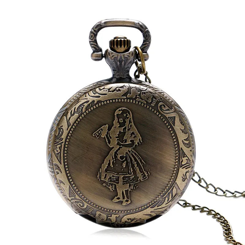 

Free Shipping Full Hunter Bronze Rabbit&Girls Designer Quartz Pocket Watch Alice In Wonderland Clock Time Gift With Necklace