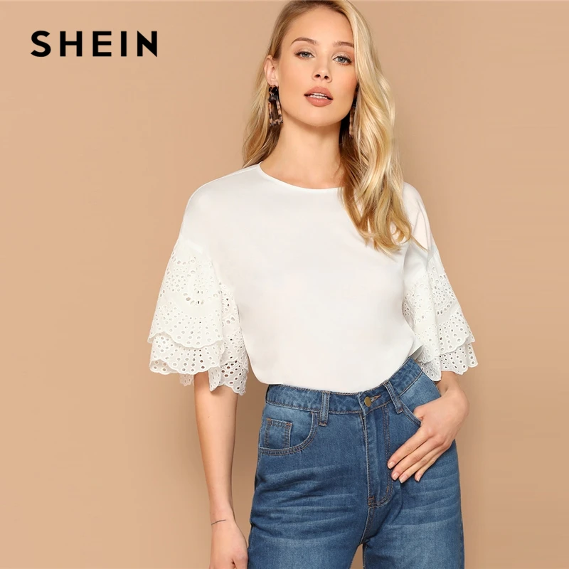 

SHEIN White Eyelet Embroidered Layered Bell Sleeve Top Blouse Women Spring Plain Office Lady Solid Half Sleeve Top Blouses