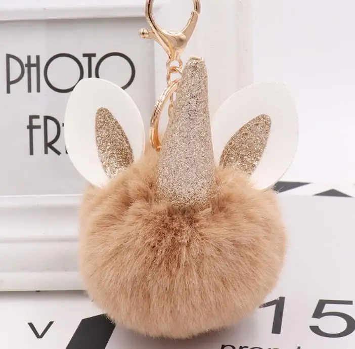 

Cute Fluffy Unicorn Horn Key Chain Fashion Artificial Fox Fur plush Keychain Handbag Keyring