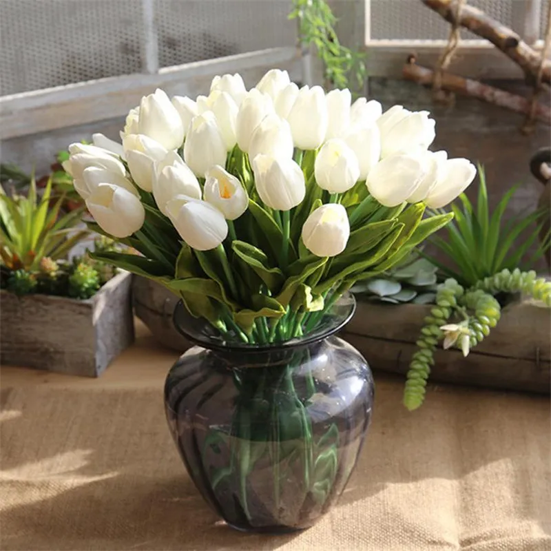 5 шт. 35 см Искусственный тюльпан цветок ложная ручная работа цветок из текстиля голова тюльпан ветка с зеленым листом свадебный цветок тюльпана букет# B5