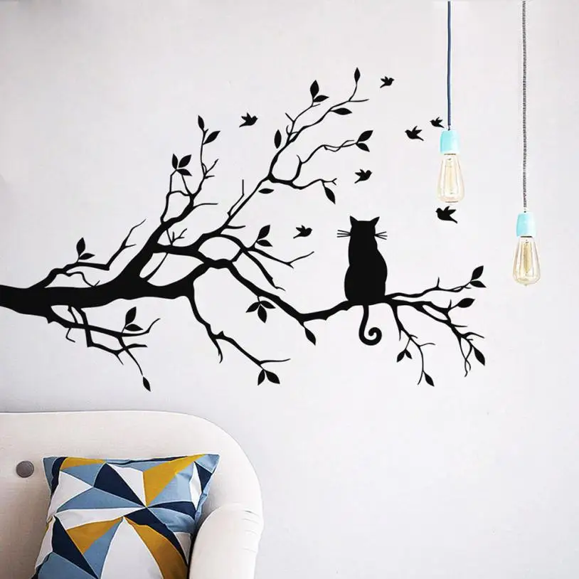 

Cat On Long Tree Branch Wall Sticker Animals Plant Art Decal Non-toxic Vinyl Kids Room Decoration Symbol Adhesive