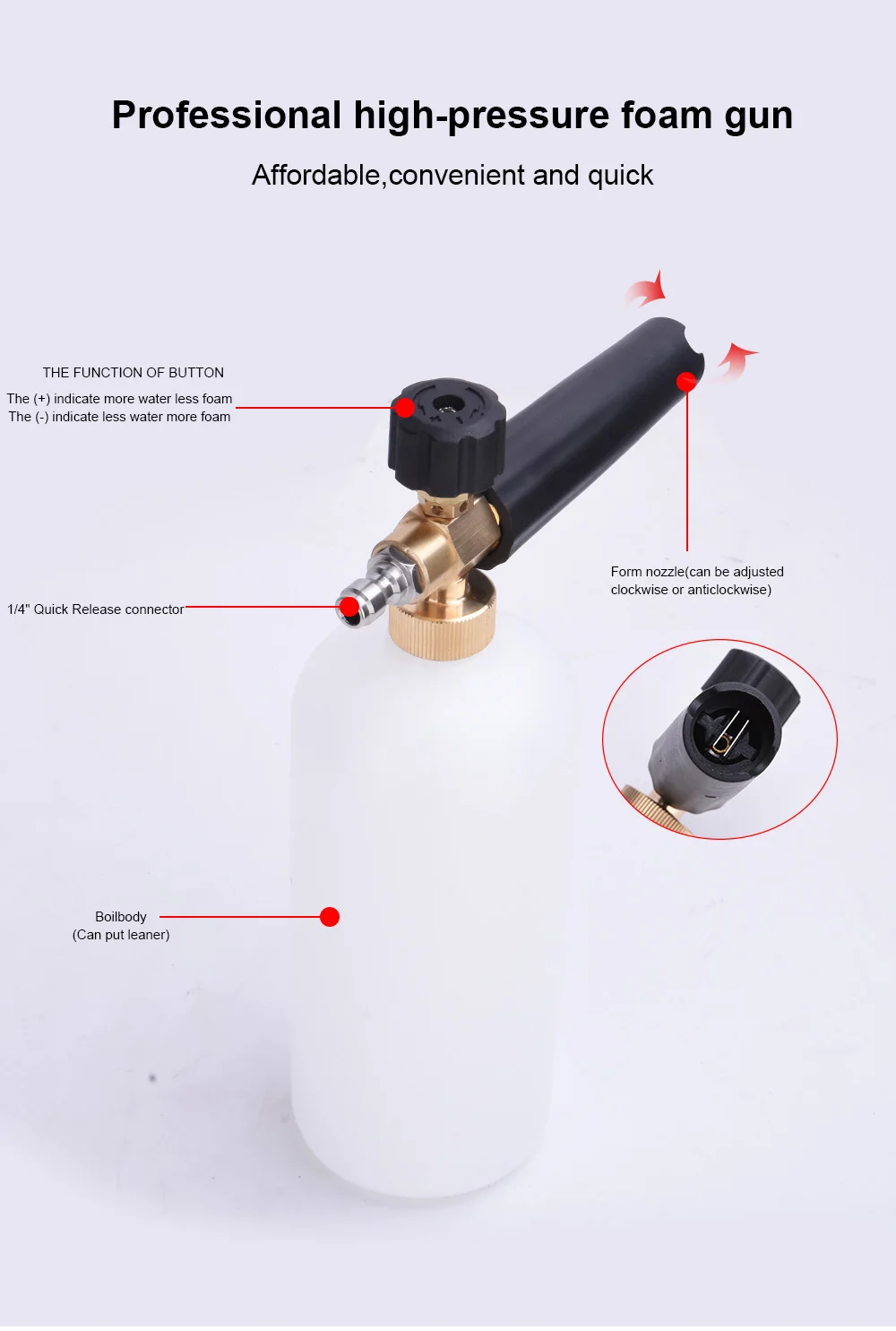 Lavadora de Alta Arma para 1 Laleyenda Pressão Neve Espuma 4 Início Rápido Liberação Trimestre Conector Lavagem Carro Lança Montagem Canhão - 13 ???_02