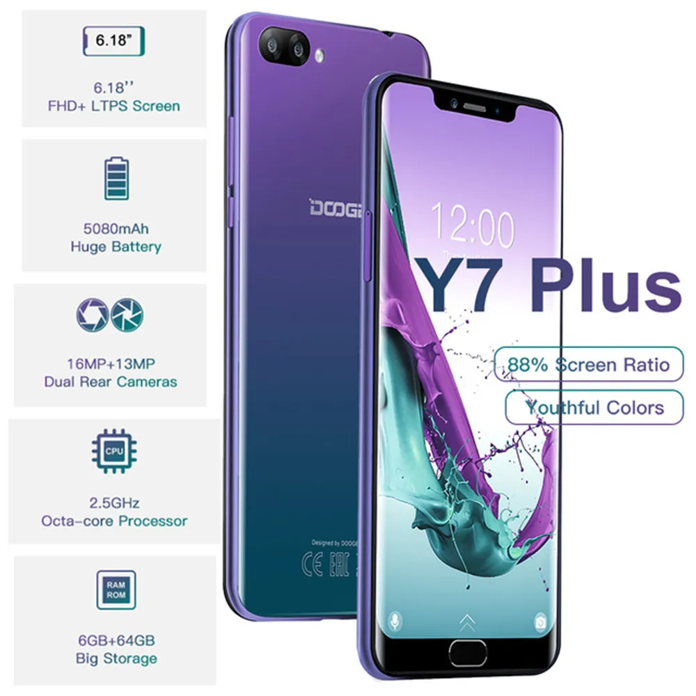 DOOGEE Y7 плюс телефона 6 18 дюймов 1080*2246 Экран MTK6757 Восьмиядерный 2 5 ГГц ГБ Оперативная