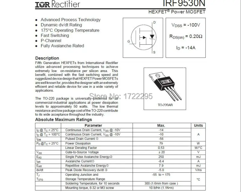 20 шт IRF9530N IRF9530 TO-220 power MOSFET для быстрого переключения