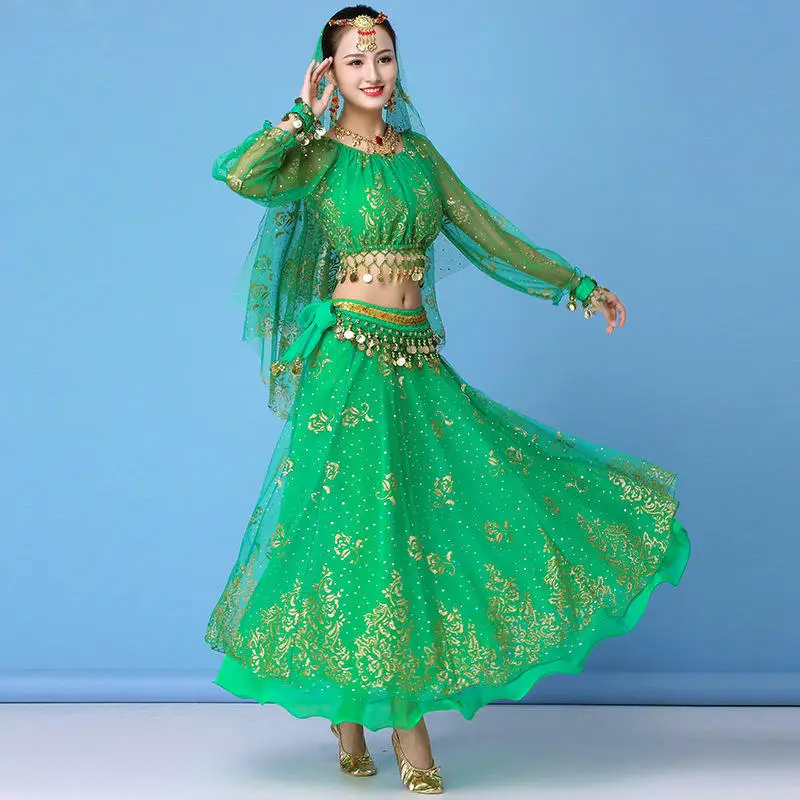 Женская танцевальная одежда сари производительность индийская одежда Болливуд набор костюма для танца живота 8 штук - Цвет: Green long sleeves