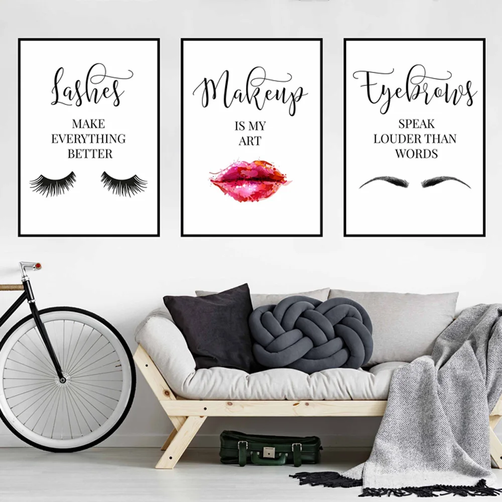 

Makeup Quote Canvas Art Prints Lipstick Lashes Eyebrows Poster Canvas Painting Lips Wall Pictures For Girl Lady Room Art Decor