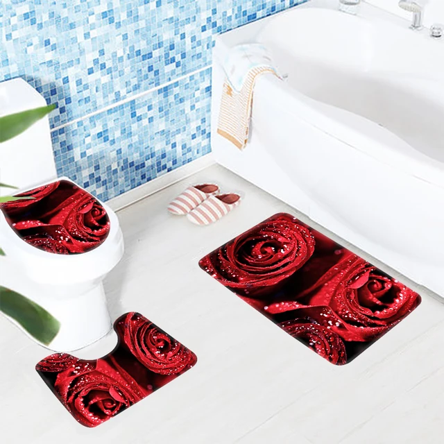 3pcs Toilet Mat Set Red Roses Flowers Drops Pattern Bathroom Rug Non 3pcs Toilet Mat Set Red Roses Flowers Drops Pattern Bathroom Rug Non Slip Bath And
