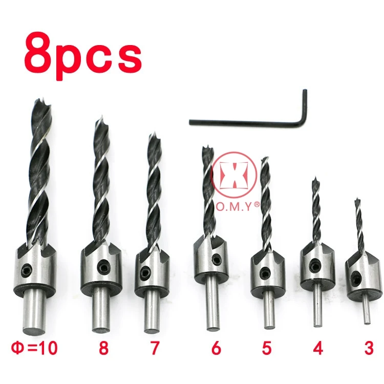 

8pcs / Set Three - Pointed Woodworking Countersunk Head Drill 3-10mm Reaming Bit Chamfering Guide Drilling High Speed