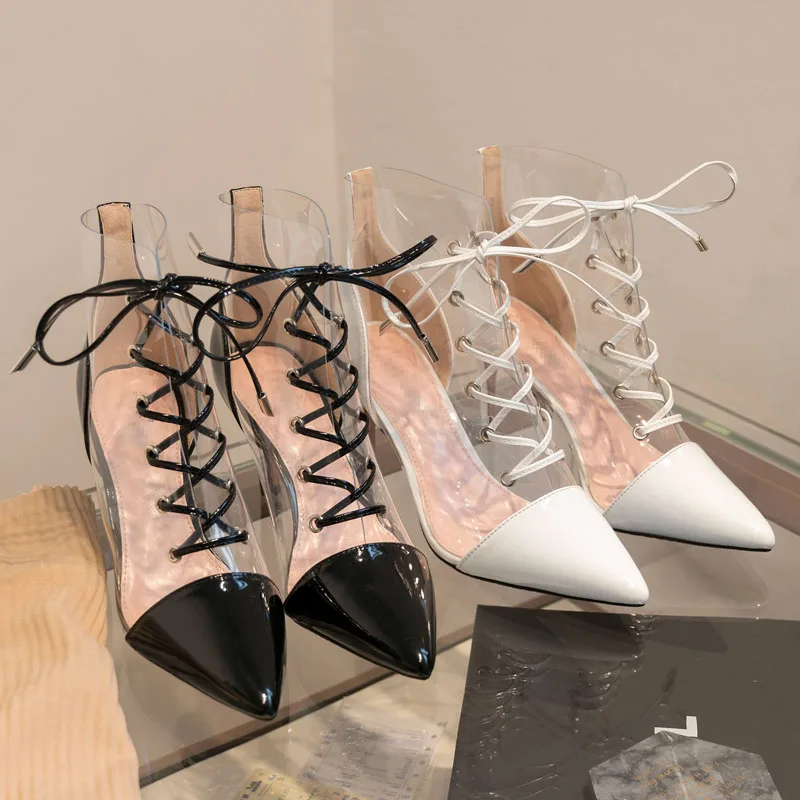 

2019 Summer Women Shoes Fashion Lace-Up Pointed Toe Transparent Thin Heels Ankle Boots Ladies Shoes