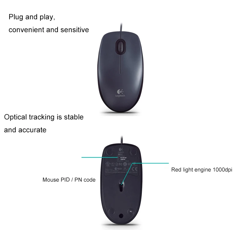 Logitech M90 компьютер Мышь портативных ПК проводной мыши 1000 точек/дюйм USB Интерфейс для Windows 10/8/7/Vista Mac