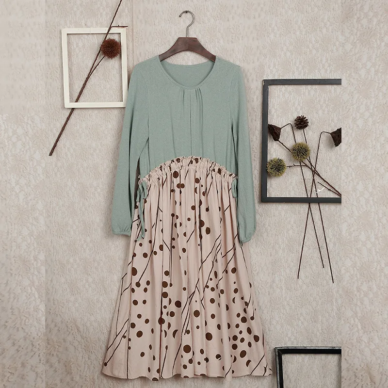 

Japanese Mori Girl Vintage Retro Bohemian Hippie Boho Cotton Linen Polka Dot Print Loose Long Sleeve Women Autumn Dress