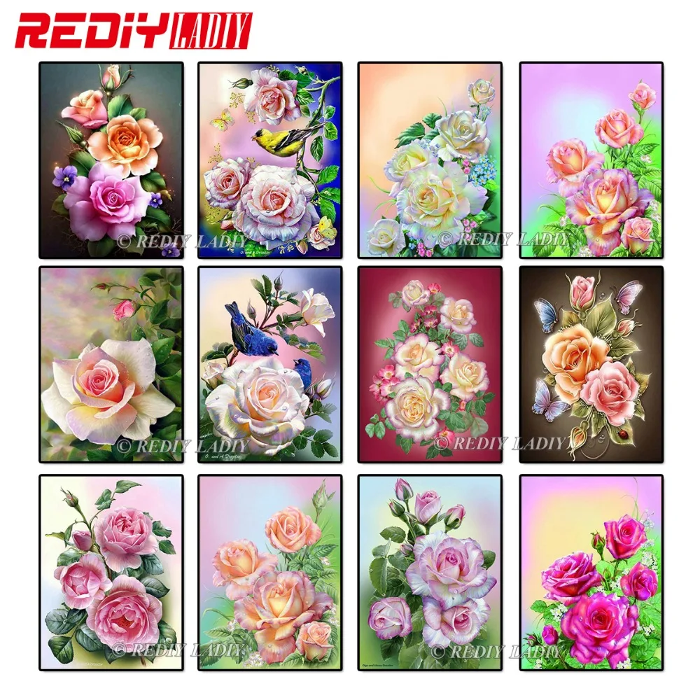 MF84975A  REDIY LADIY Diamond Embroidery Flowers DIY Diamond Painting Cross Stitch Pink Rose Full Square Drill Needlework Mosaic Paintings
