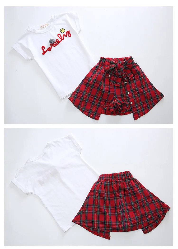 JIOROMYBig/комплекты летней модной одежды для девочек Детская футболка с буквенным принтом+ клетчатая юбка с бантом, штаны комплект из 2 предметов детская одежда, s