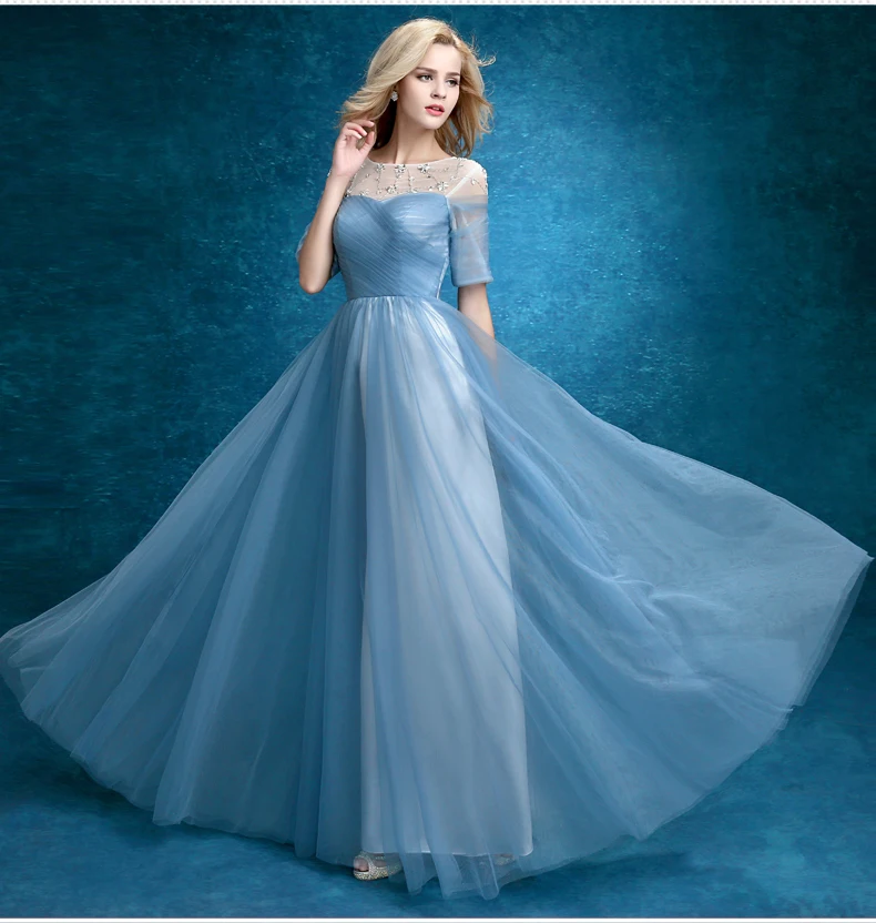 light blue evening gown with sleeves