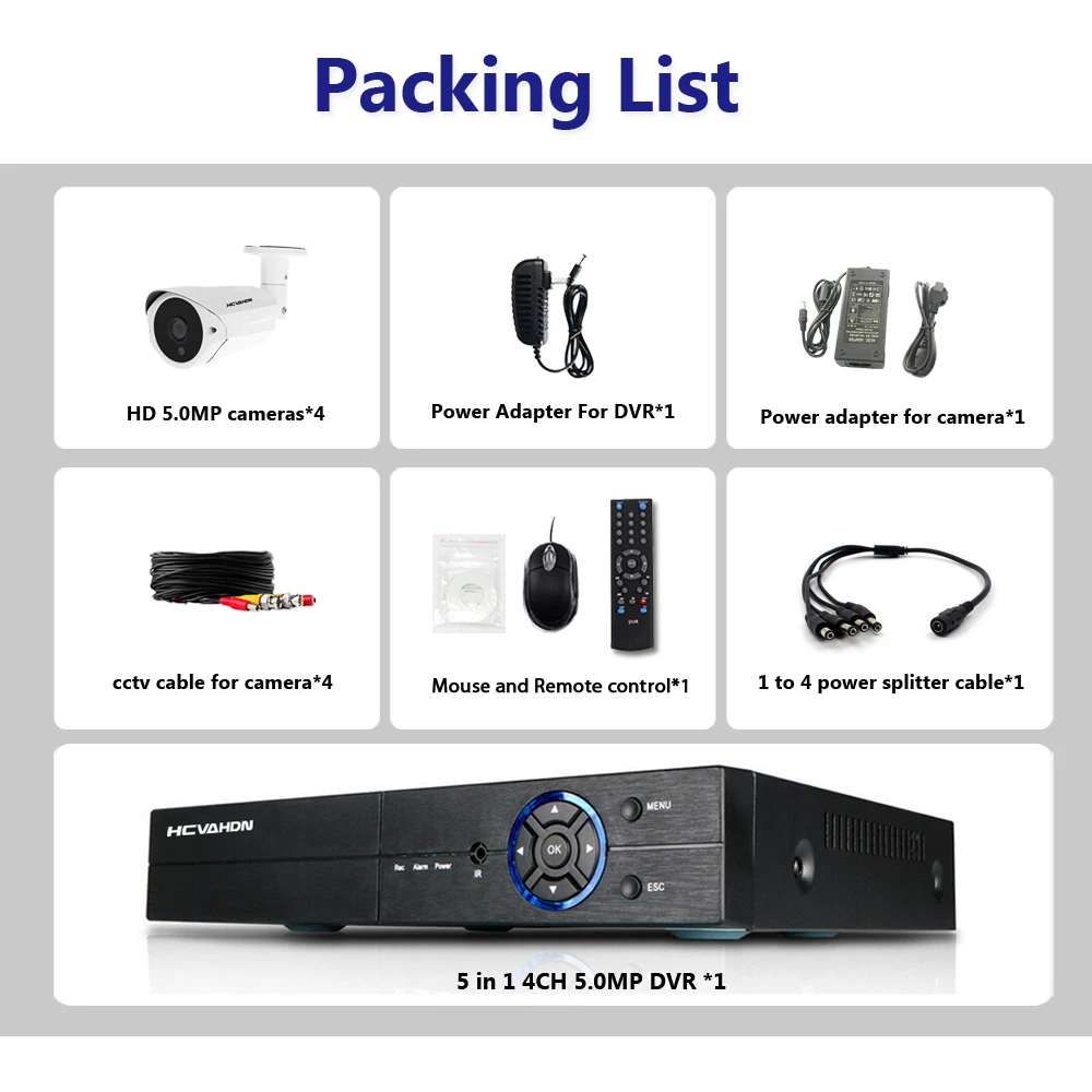 HCVAHDN 4CH 5MP AHD DVR Kit CCTV Camera System 4PCS 5.0MP Security Camera IP66 Outdoor Video Surveillance System APP View HCVAHDN 4CH 5MP AHD DVR Kit CCTV Camera System 4PCS 5.0MP Security Camera IP66 Outdoor Video Surveillance System APP View