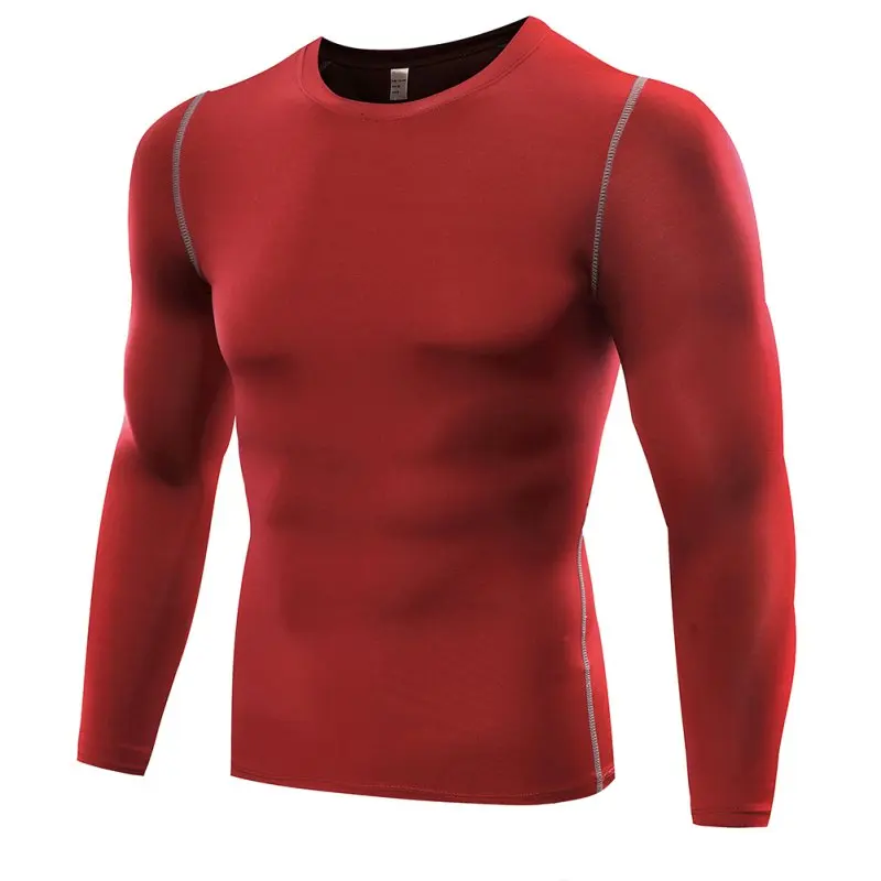 Для мужчин фитнес тренажерный зал сжатия с длинным рукавом плотная футболка быстросохнущая базовый слой Спортивная одежда для бега - Цвет: Красный