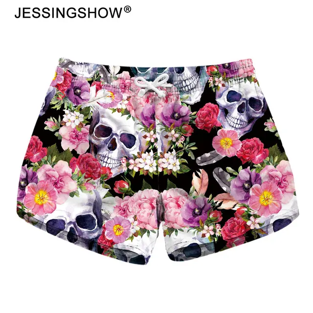Flowers Skull Printed Women Beach Shorts Drawstring Waist Ringer Shorts 2018 Summer Sports Running Shorts