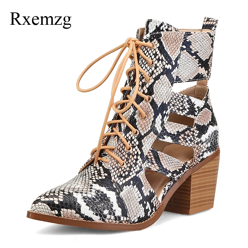 

Rxemzg fashion snake print summer boots for women pointed toe cross-tied high heels summer shoes square heel sexy ladies boots
