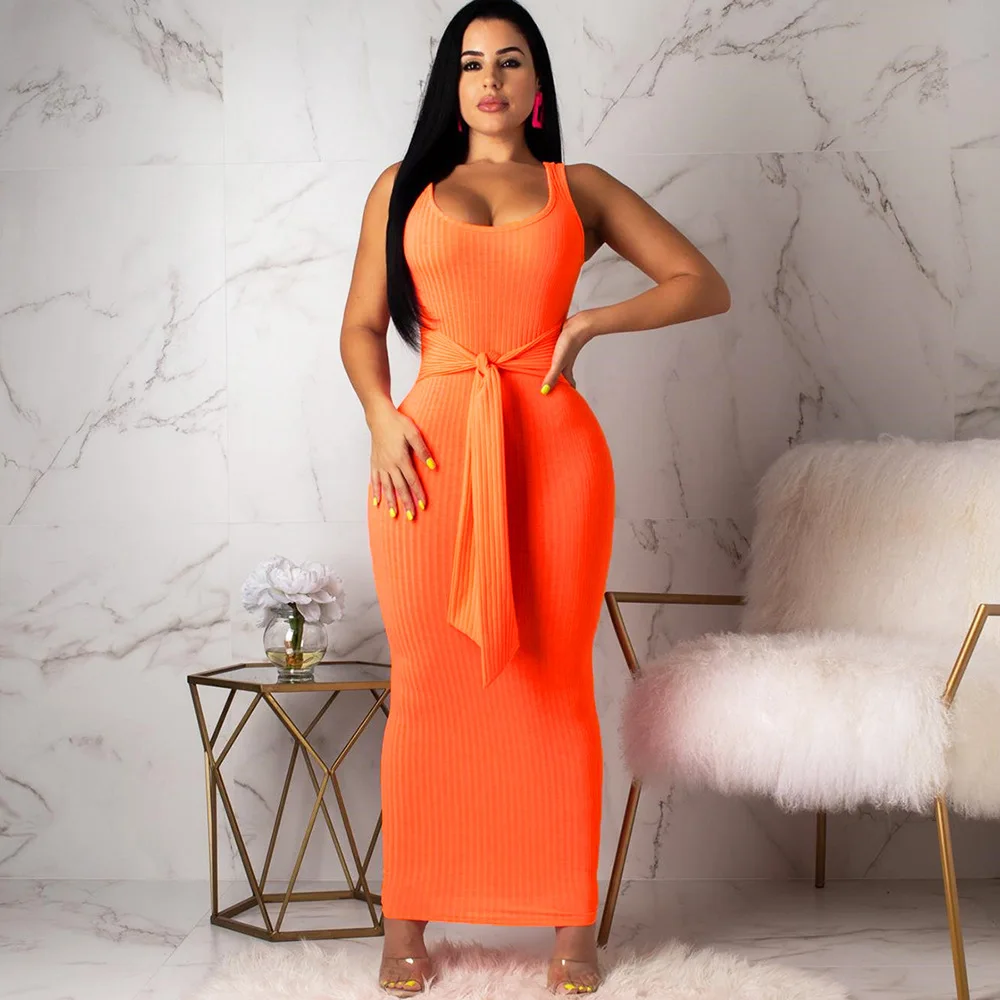 

Causey Sleeveless Square Neck Pocket Hip-slim Long Dress Sexy Casual Lace-up Dress 2019 New Solid Color Breathable Summer Dress