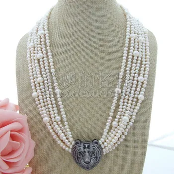 

N070116 6 Rows 21''-23'' White Pearl Necklace CZ Pendant