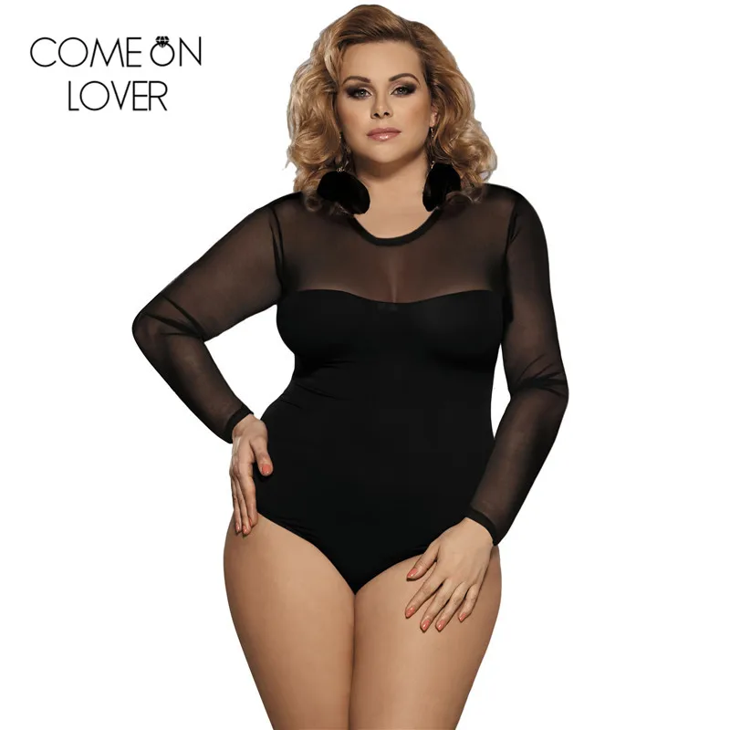 Comeonlover lace up bodysuit floral see through sexy women rompers plus size body top long sleeves slim mesh bodysuit ER80372