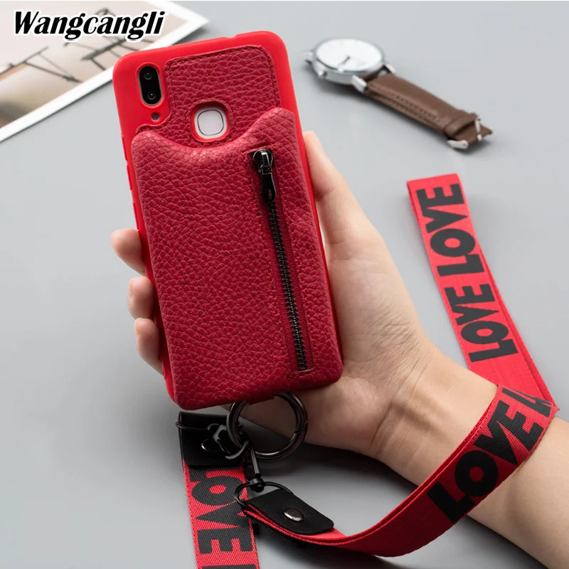 

leather phone case for vivo x21 lanyard youth style phone case all-inclusive protection case back zipper bag two in one shell