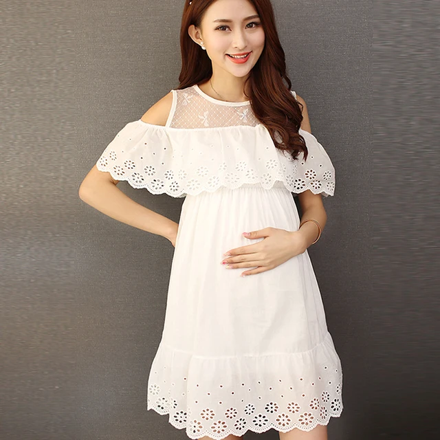 White Lace Cotton Maternity Dress Clothes Summer Photo Shoot Pregnant