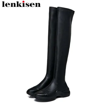 

Lenkisen 2020 superstars black color genuine leather slip on med thick bottom round toe platform stretch thigh high boots L1f6