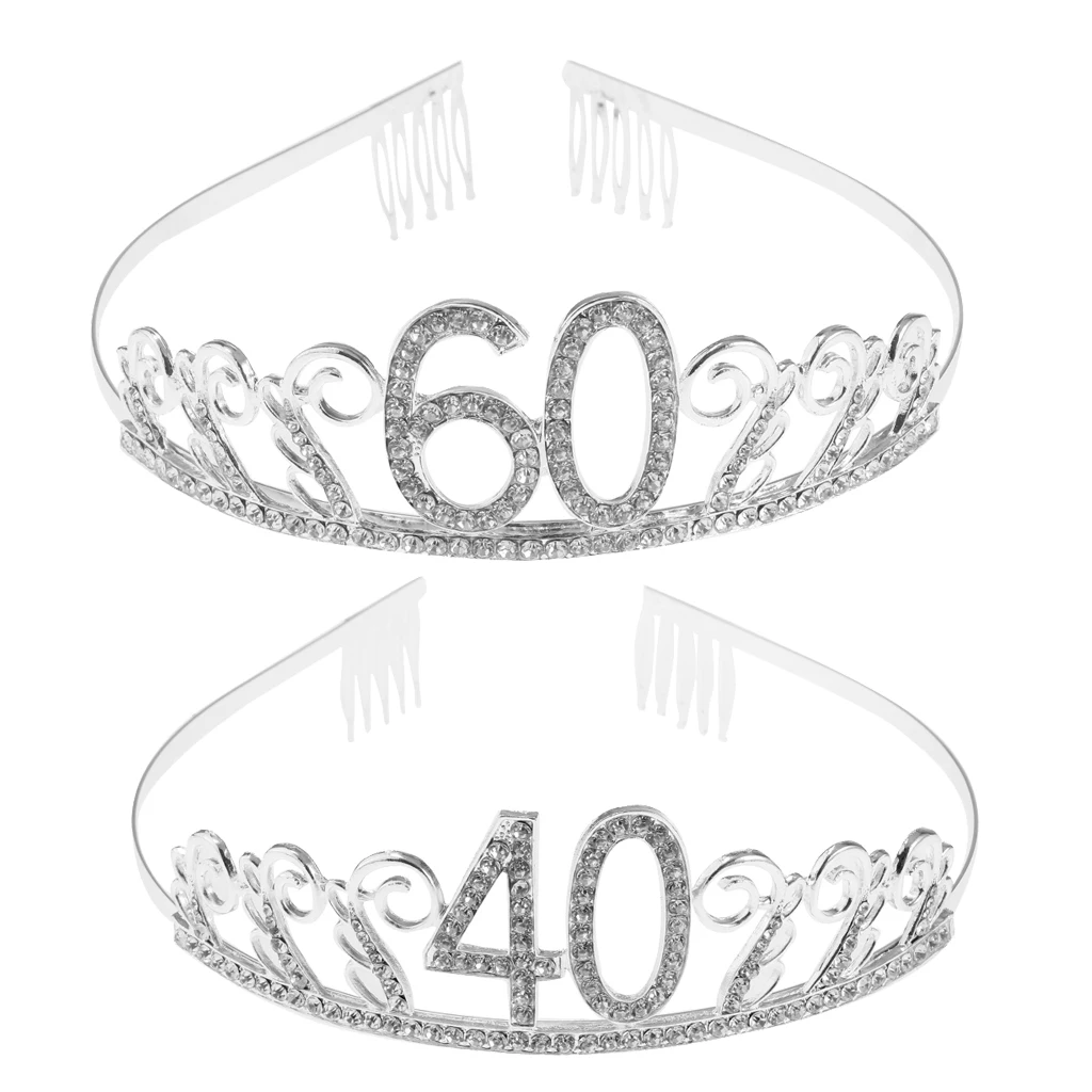 Silver Crystal Rhinestone Tiara Birthday Anniversary Crown Headwear Age 40 60