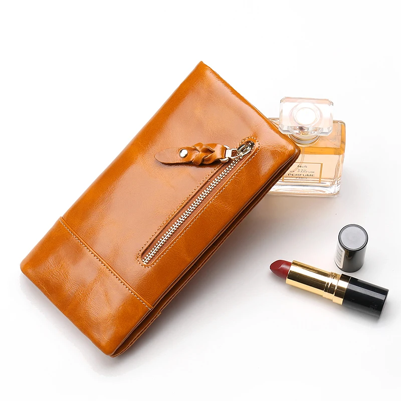 

2019 Retro Oil Wax Leather Women Long Wallet RFID Zipper Design Folding Card Holder Cowhide Long Female Clutch Bag Dollar Price
