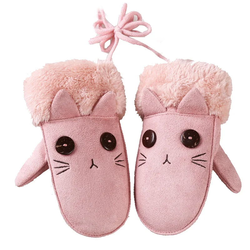 Fashion Children's Cute Cartoon Rabbit Bear Mittens Boy/Girls Winter Plus Plush Cashmere Thicker Warm Suede Leather Gloves 100