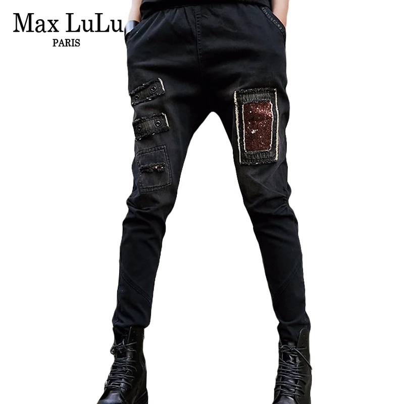 Max LuLu Fashion Zipper Designer Girls Harem Pants Women Punk Black Jeans Korean Woman 3d Printed Trousers Denim Pantalon Femme
