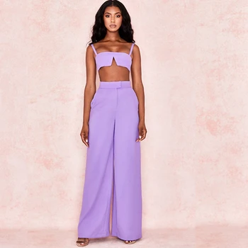 

2019 New Yellow violet Two 2 Pieces Fashion Jumpsuits Celebrity Spaghetti Strap Sexy Backless Solid Casual ClubWholesale