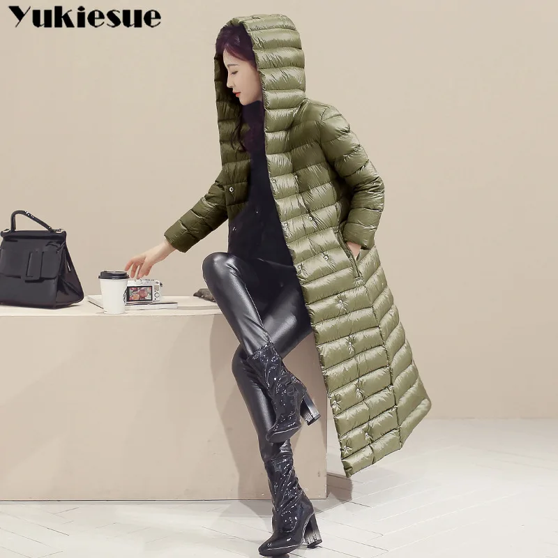 Koop 2018 Lente Plus Size 3XL Lange Womens Donsjacks Ultra Licht 90% Duck Down Jas Winter Capuchon Puffer Jas womens parka