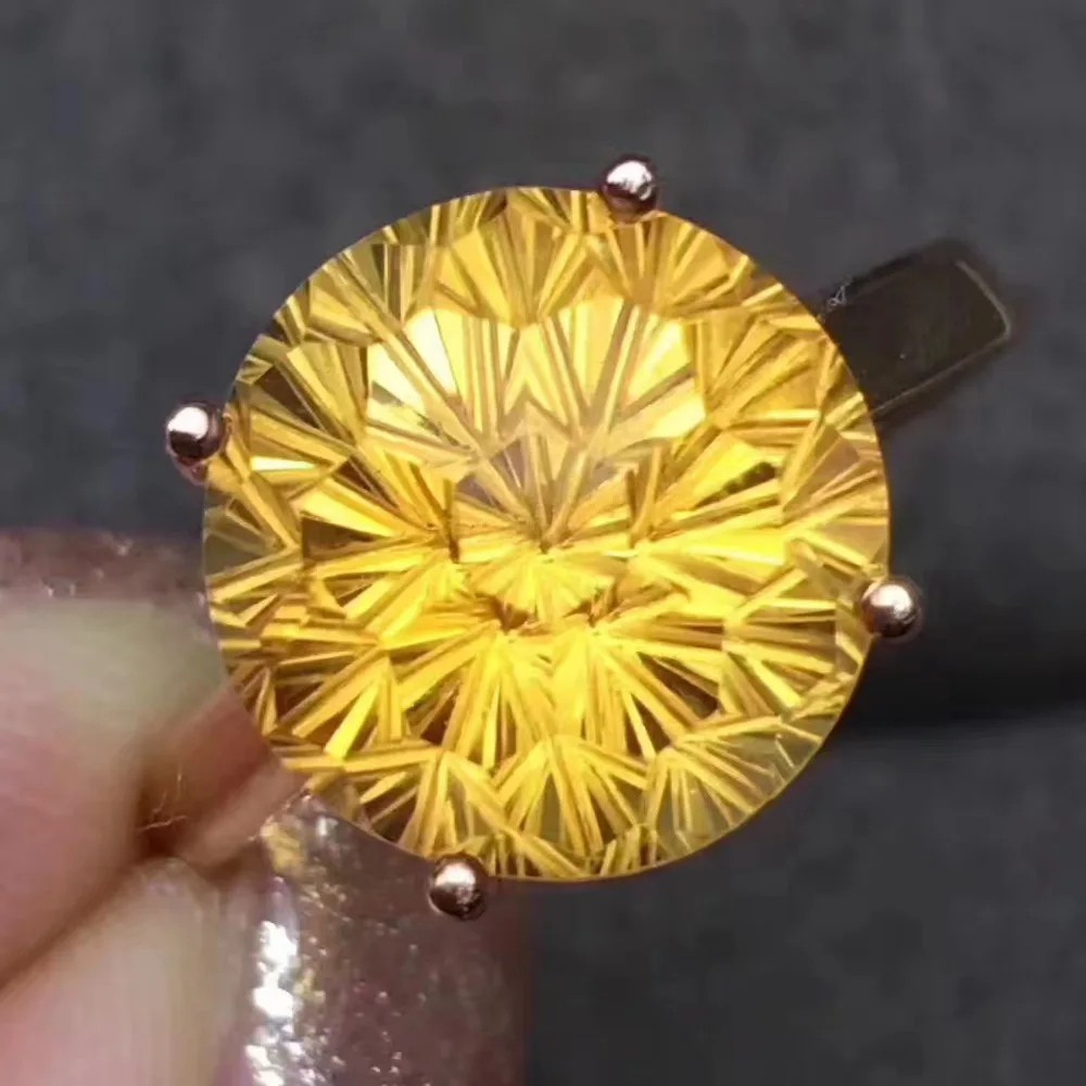 Натуральное кольцо 10*10 мм с цитрином и фейерверком, кольцо с натуральным желтым кристаллом из серебра S925 пробы, модные элегантные круглые красивые женские вечерние ювелирные изделия