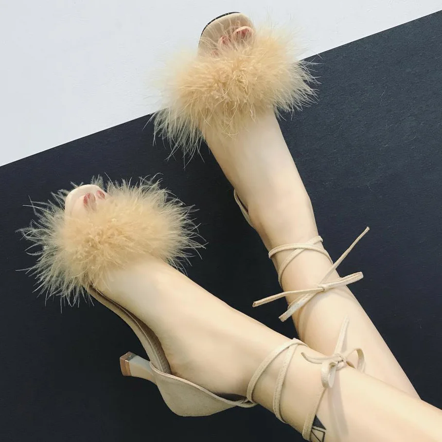 

Spring Summer Women Fur Sandals Lace Up Dress Shoes Woman sandalia High Heels Open Toe Pumps Ankle Strap zapatos mujer 6531