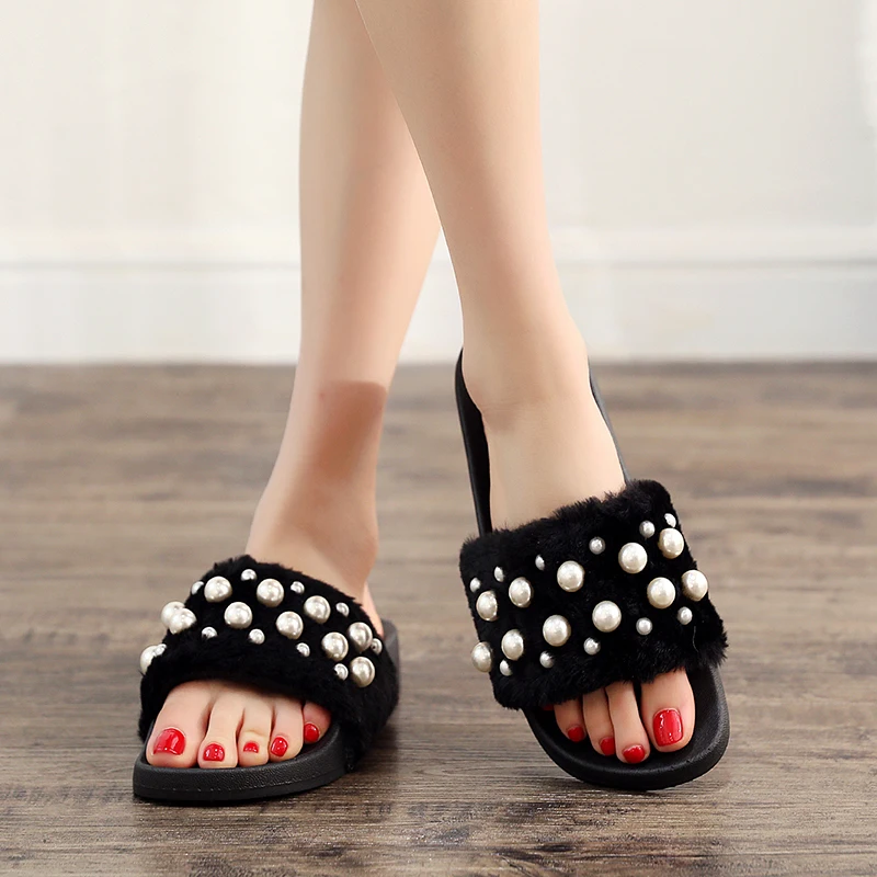 

Flat With Indoor Slipper Ladies Slides Pearl Beading fur Sandals Warm Shoes Non-slip Flats Female Winter House Women Shoes