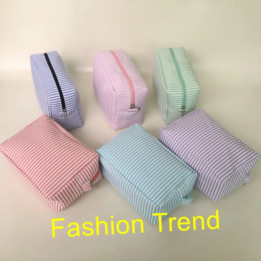 

10pcs/lot wholesale new design monogrammed makeup bags good quality seersucker cosmetic bag women handbag purse clutch bag