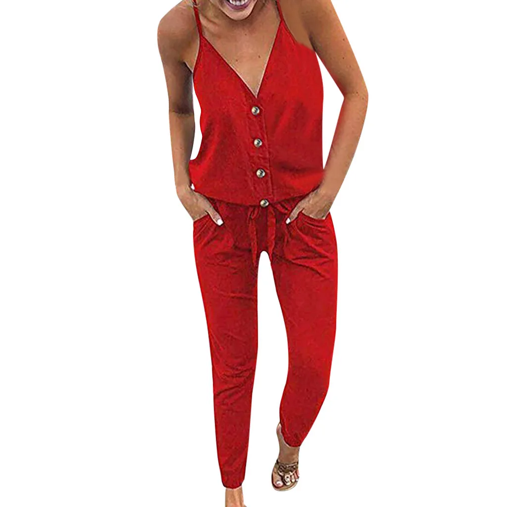 

Women Summer Jumpsuit Sexy Strap V Neck Solid Strapless Solid Loose Party beach Jumpsuit Waistband Lace-up Long Pants Jumpsuit