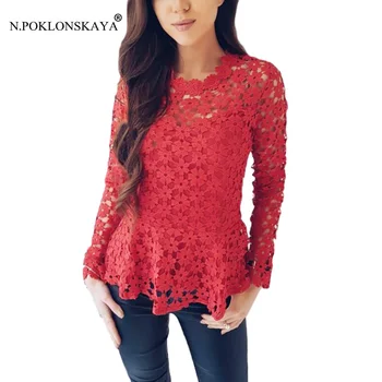 

N.POKLONSKAYA 2018 Fashion Women Long Sleeve Lace T-shirt Elegant Floral Slim T Shirt Ladies Clothing Tops Sexy Top Plus Size
