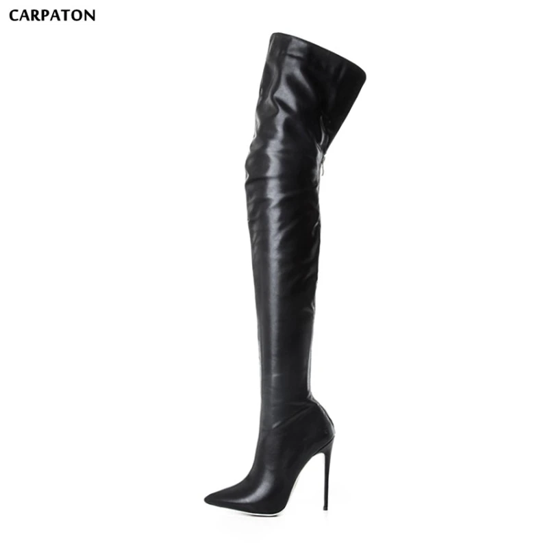 

Carpaton 2018 Newest Women boots Over the knee boots Thin high heels Pointed Toe Solid black Winter girl must-haves