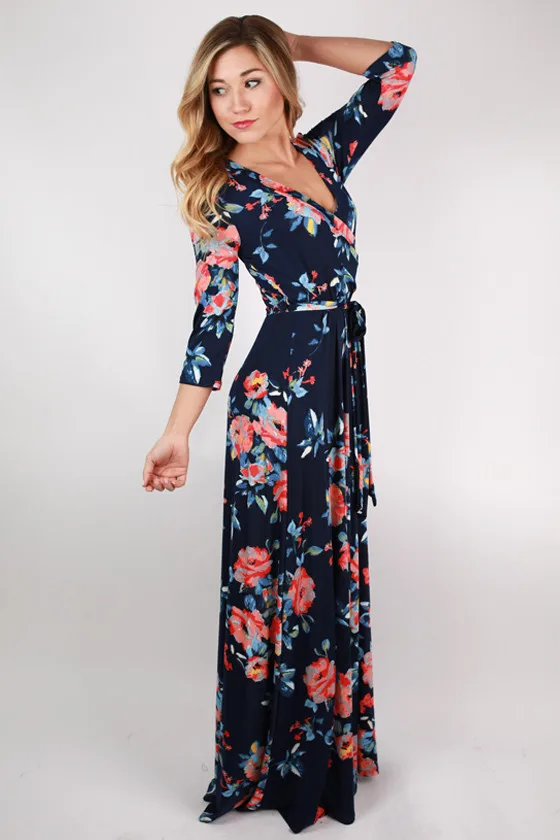 2015 gorgeous summer style pleated printed three quarter V neck summer
