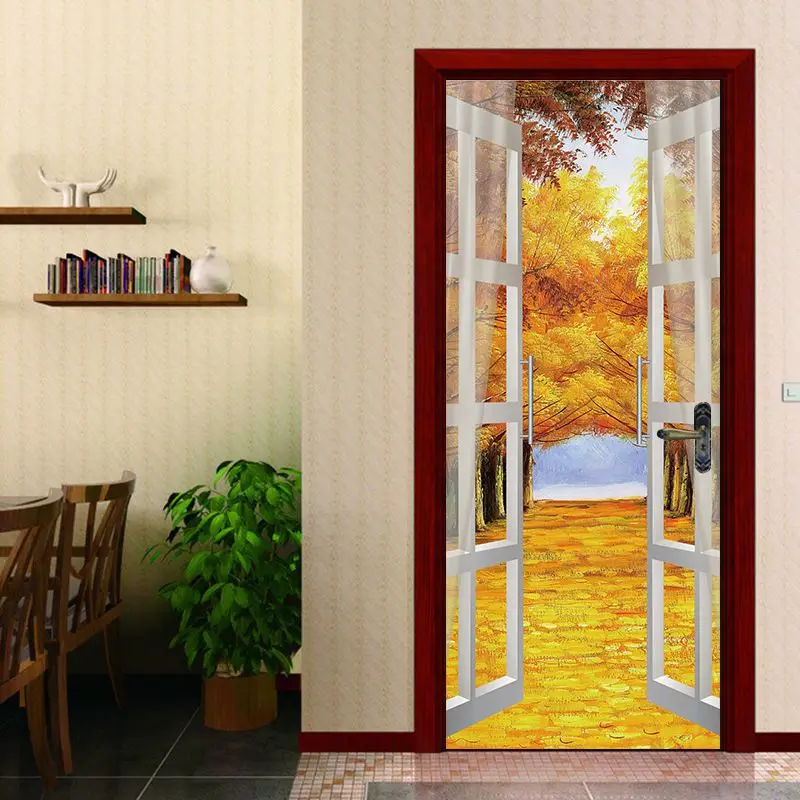 Us 14 99 50 Off 3d Autumn Scenery Forest Green Lawn Door Sticker Wall Sticker Diy Mural Bedroom Home Decor Poster Pvc Waterproof Imitation In