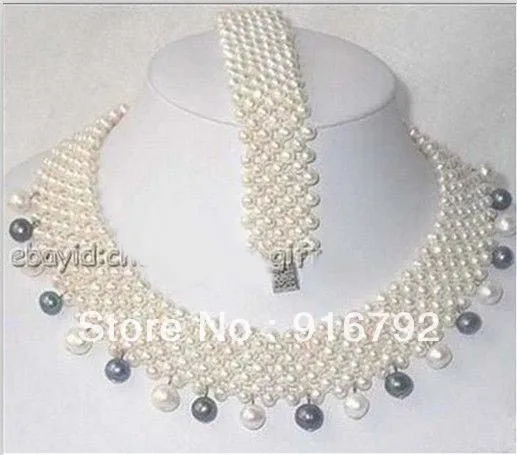 

free P&P >>>>>Noblest White Black FW Pearl Handcraft 7 Rows Necklace Bracelet Set