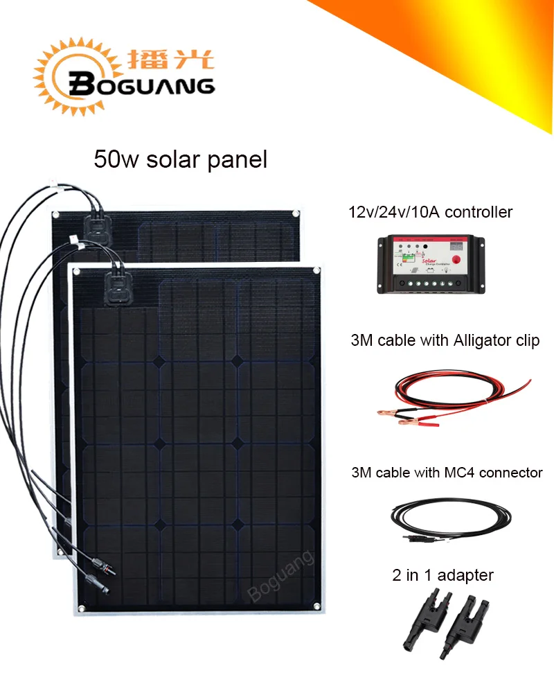 

Boguang 100w solar DIY kit system 50w solar panel ETFE module Monocrystalline cell 12v 24v 10A controller pv connector cable