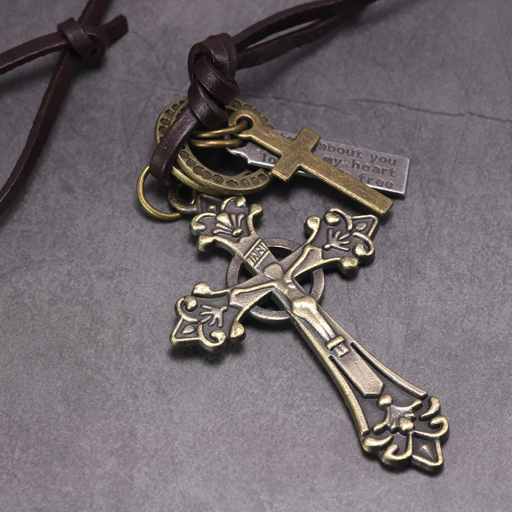 

Gothic Cross Pendant Necklace For Women And Men Antique Retro Pendant Adjustable Leather Rope Sweater Necklace