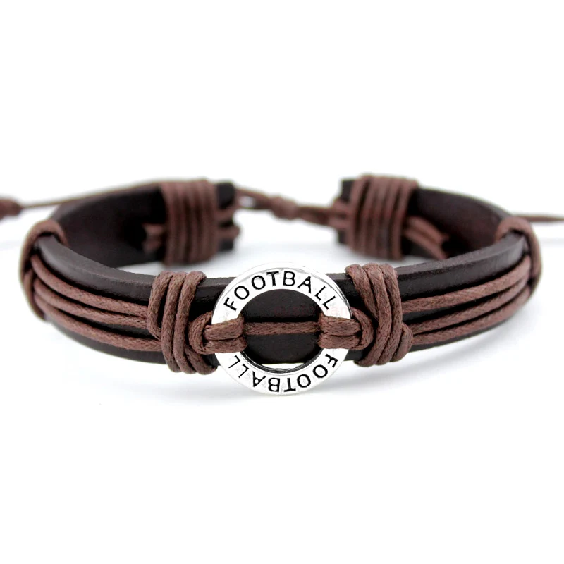 

Football Soccer Softball Volleyball Lacrosse Hockey Basketball Swim Charm Brown Leather Bracelets Women Men Unisex Jewelry Gift