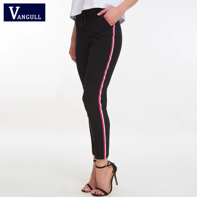 Vangull/Полосатые узкие брюки с высокой талией, новые осенние женские хлопковые узкие брюки с карманами и шнуровкой, черные повседневные